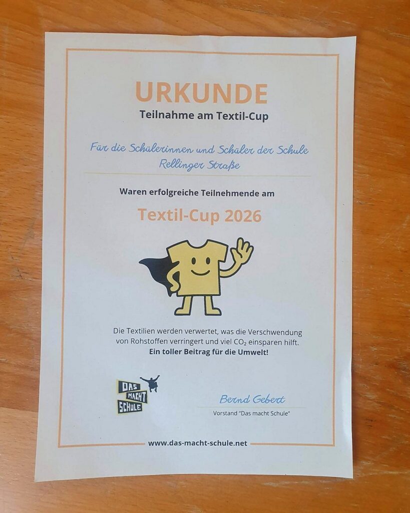 Urkunde für die Teilnahme am Textil-Cup 2026
