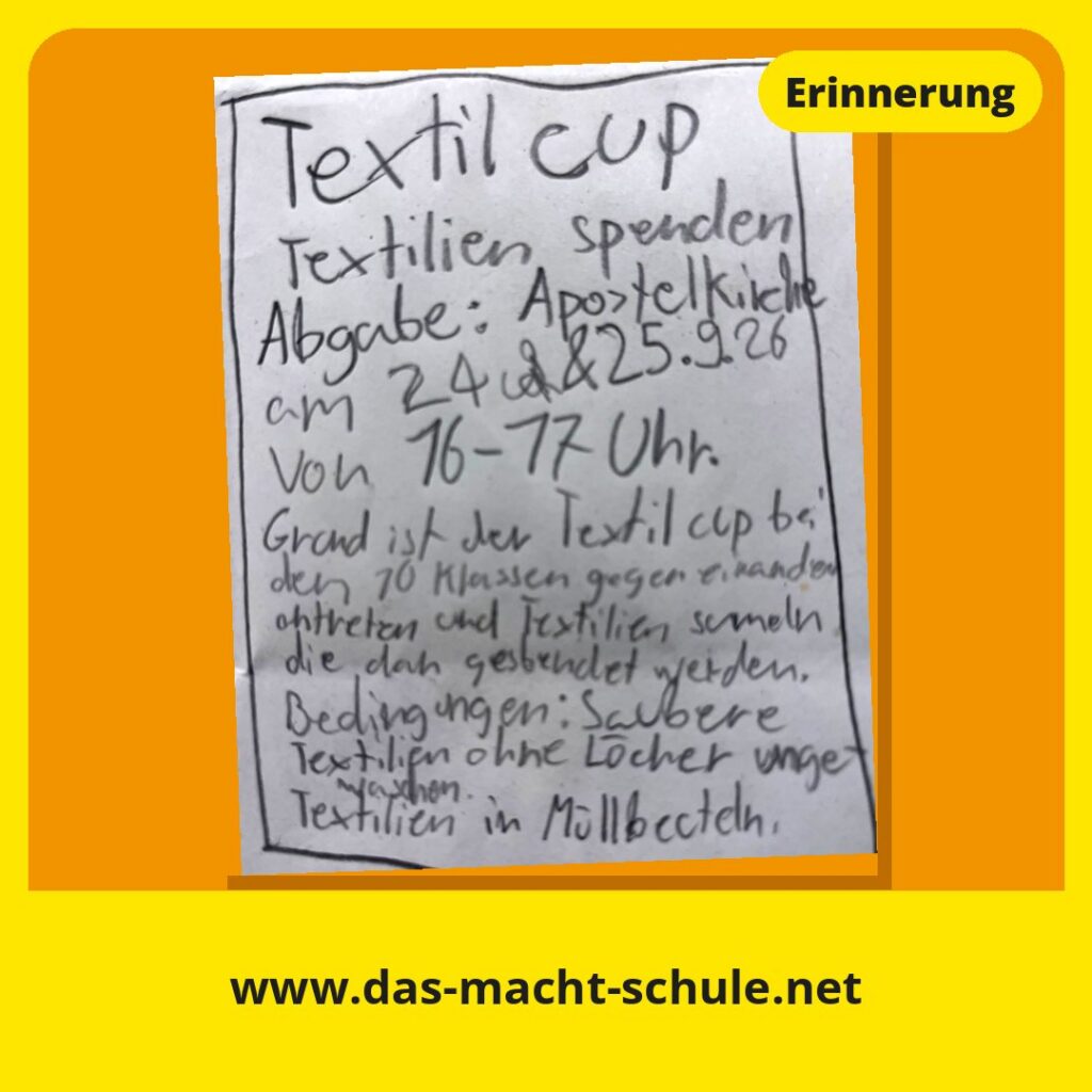 Handgeschriebener Aufruf der Lerngruppe Kängurus zum Textil-Cup