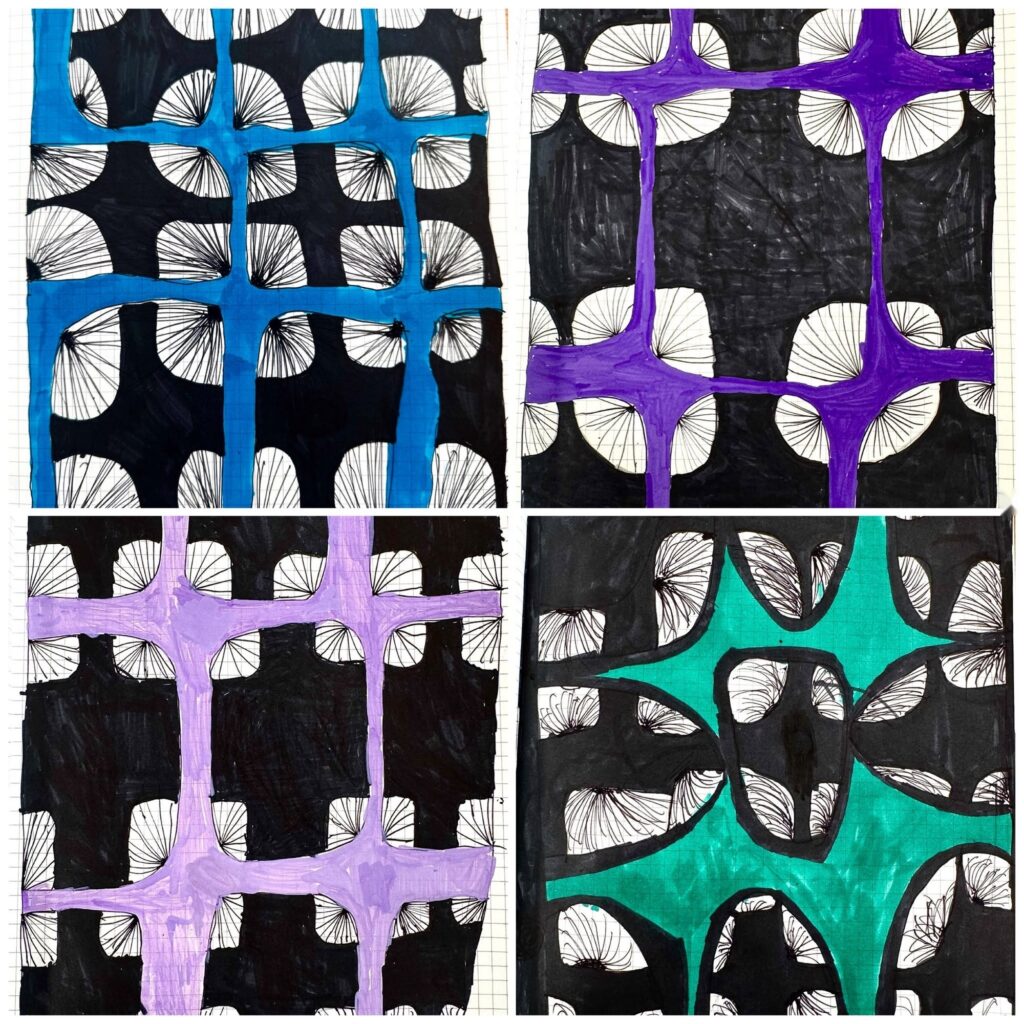 Bunte Zentangle-Muster in vier Rastern